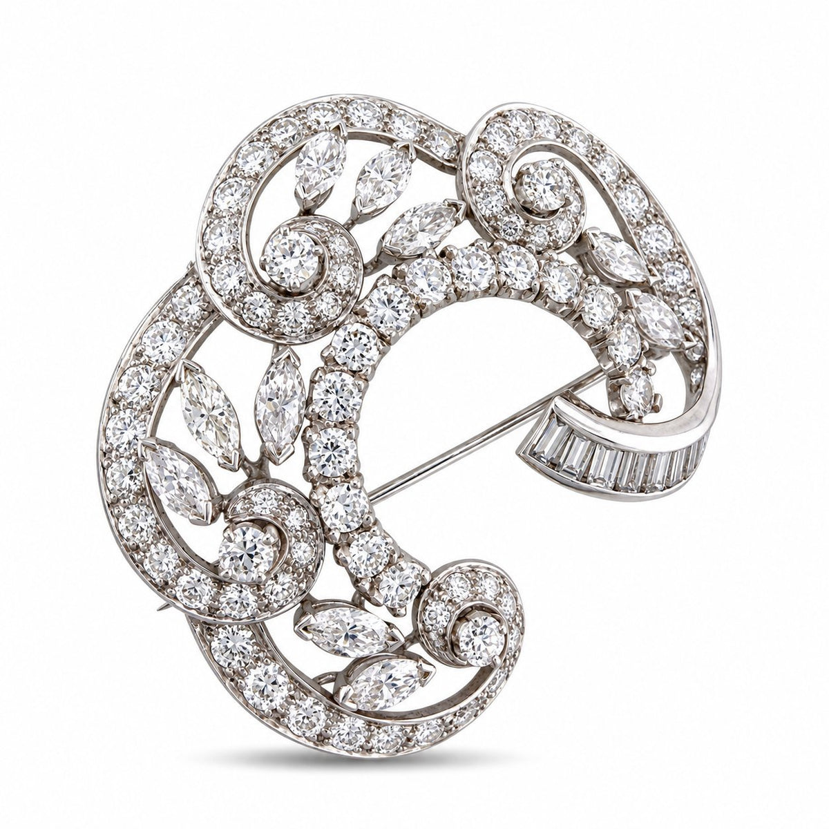 18K white gold diamond swirl brooch with round and pear stones, angled view.