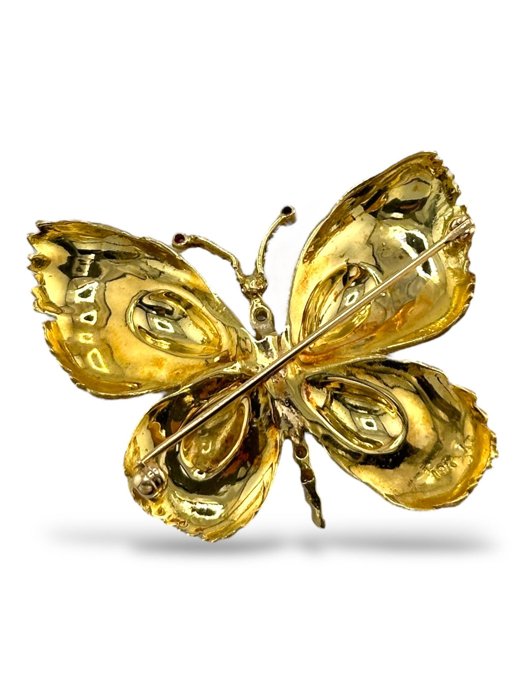 Vintage 18K Yellow Gold Enamel, 0.17ct Diamond and Ruby Butterfly Brooch