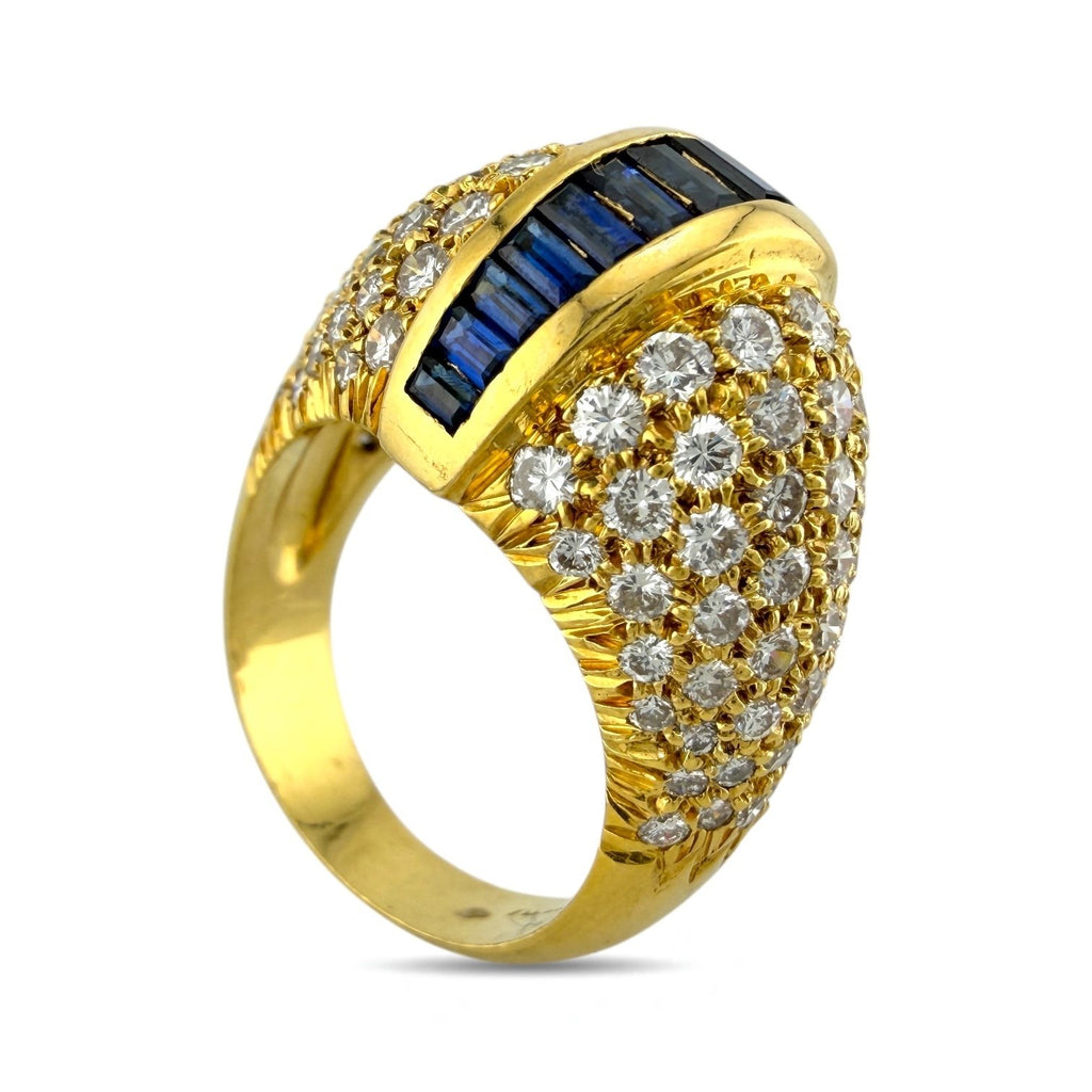 18K Yellow Gold Ring with Emerald-Cut Natural Sapphires and 2.1ct Diamonds