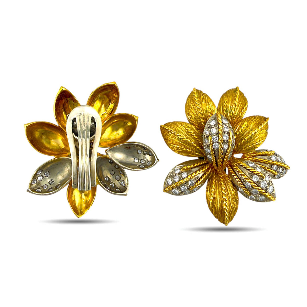 Flower earring pair showing diamond-set fronts and gold backs