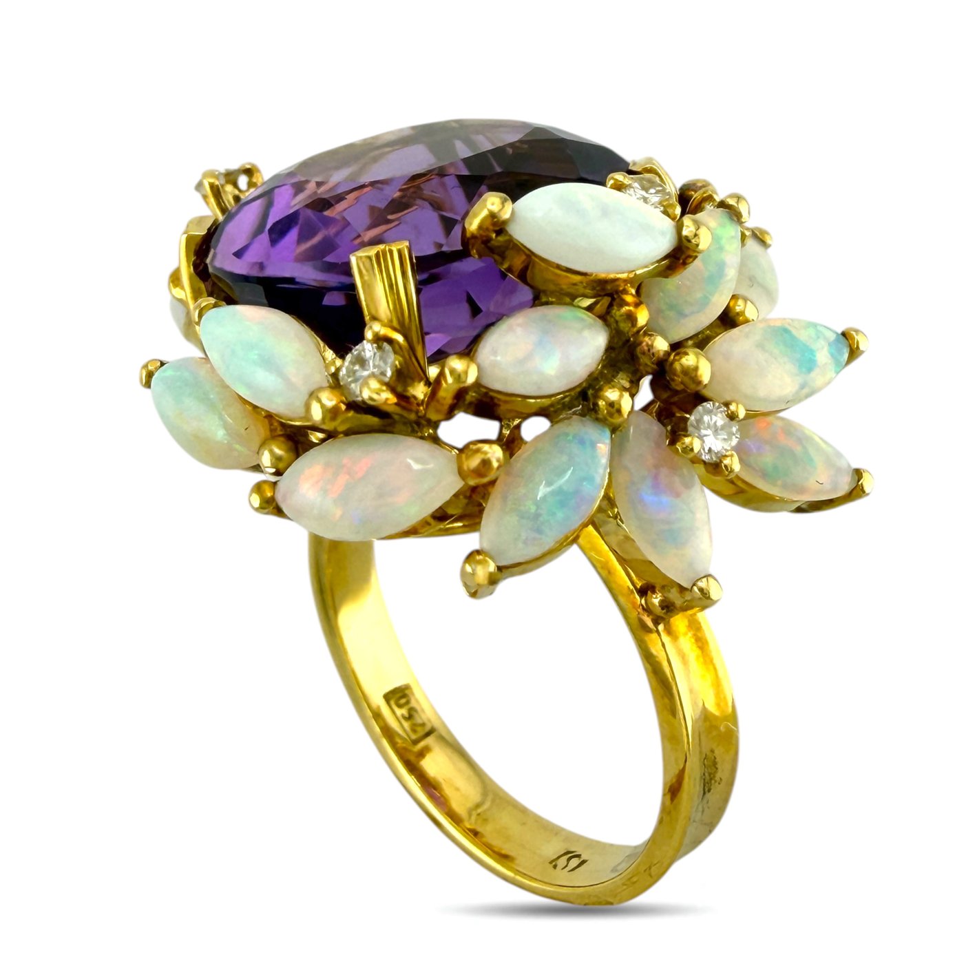 18K Yellow Gold 12.00ct Amethyst  0.20ct Diamond & Marquise Cut Opal Ring