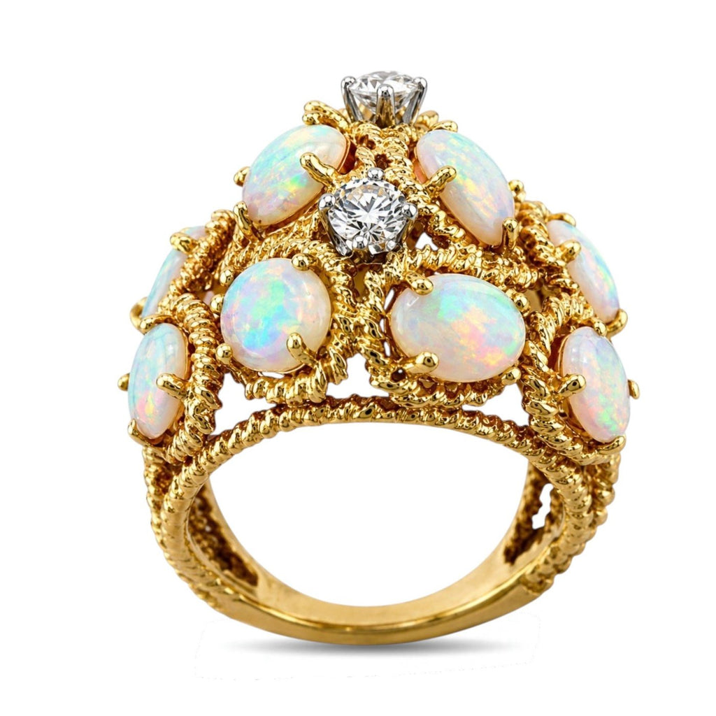 14K Yellow Gold Textured 2.10ct Opal and 0.30ct Diamond Ring