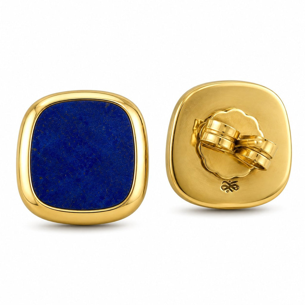 Yellow gold lapis lazuli stud earrings from back, with square blue front stones