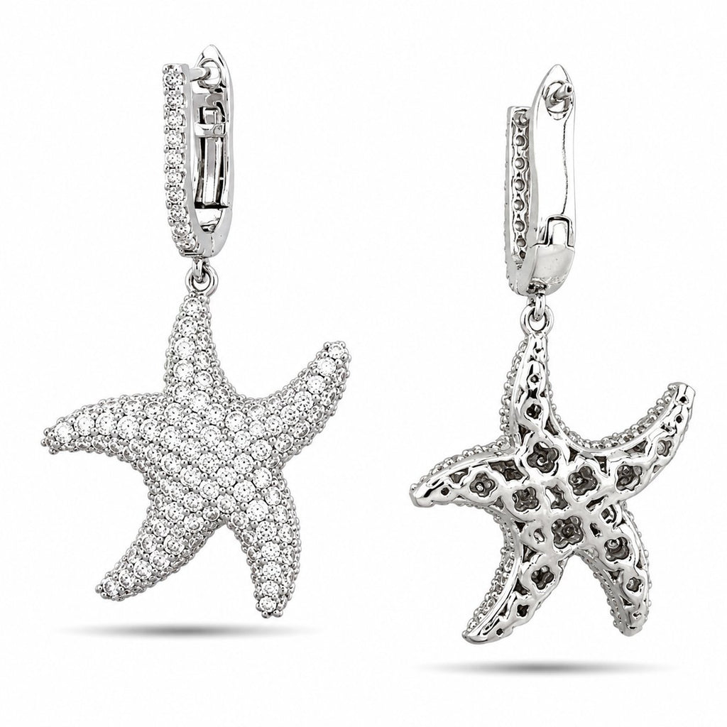 14K white gold diamond starfish drop earrings with pavé starfish pendants