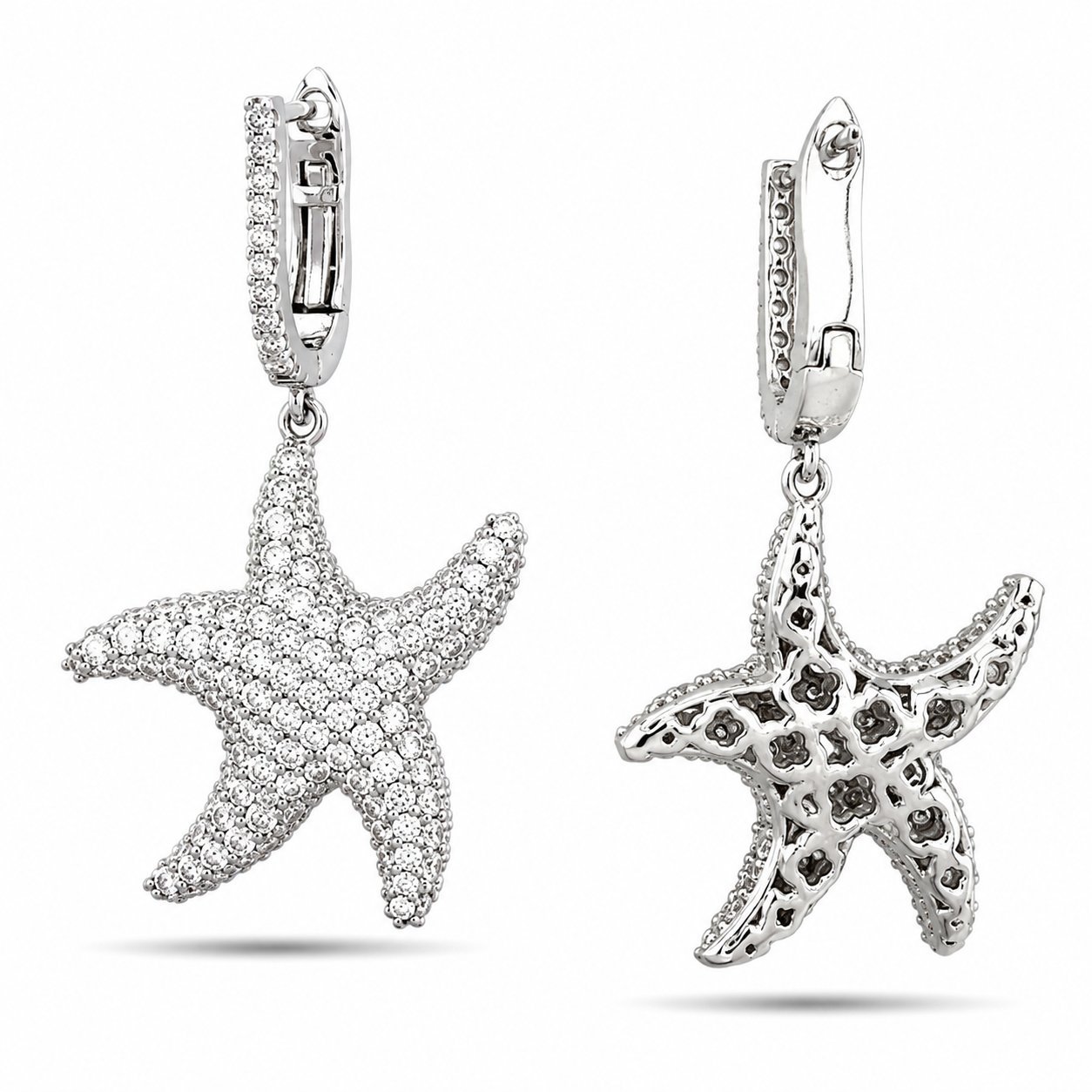 14K white gold diamond starfish drop earrings with pavé starfish pendants