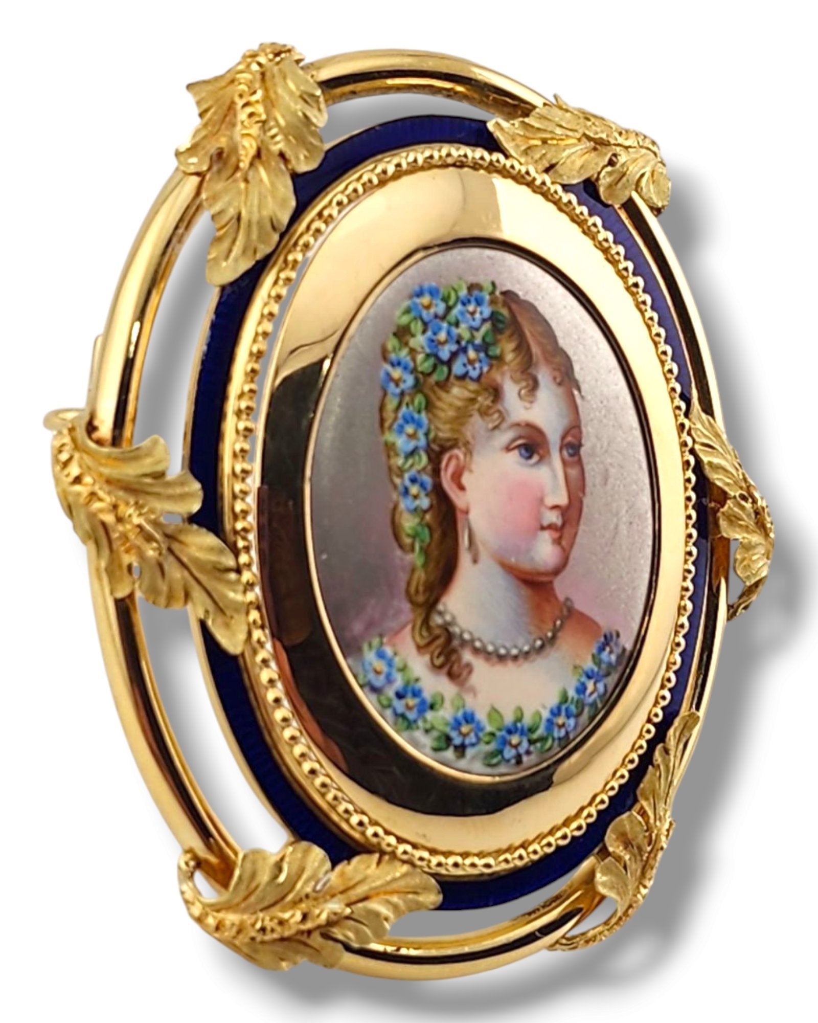 French 19th Century 18K Gold and Enamel Portrait Antique Brooch