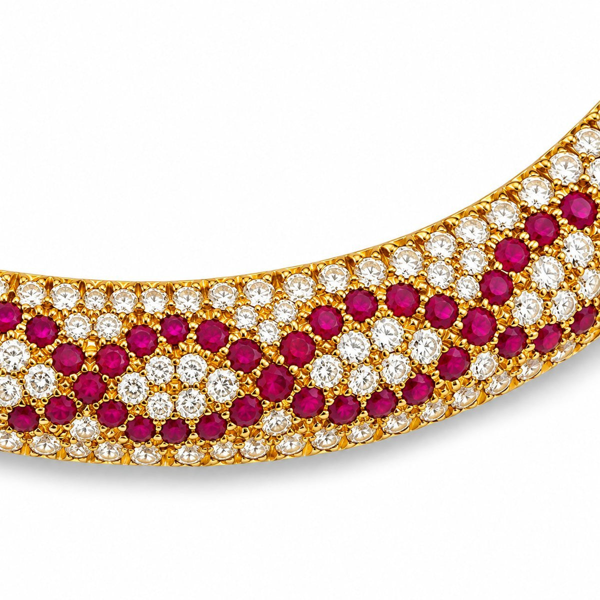 Curved row of ruby stones with white diamond accents in gold bezel settings