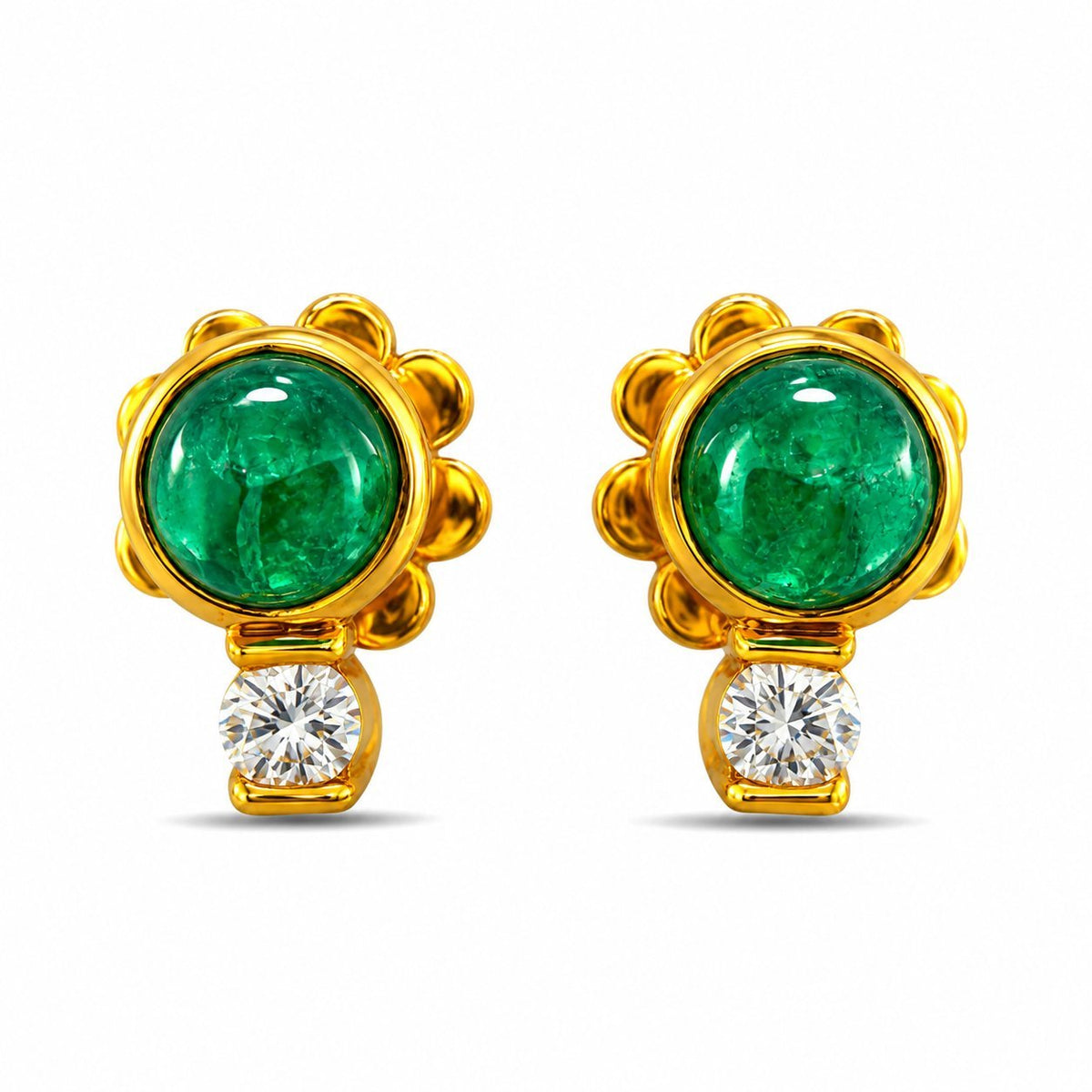 Round emerald cabochon stud earrings with diamond accents in yellow gold