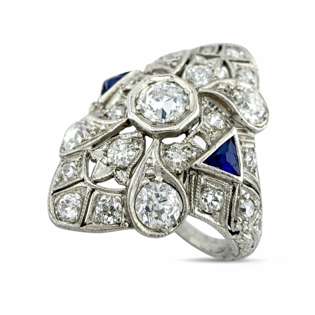Platinum Art Deco 1.07ct Diamond and Sapphire Ring