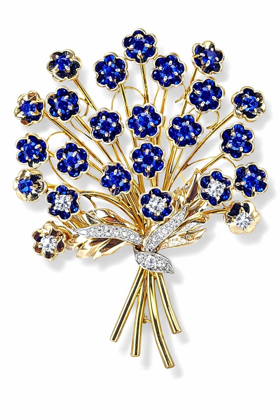 J.E. Caldwell and Co. 18K Gold 1ct Diamond and 2.3ct Sapphire Brooch