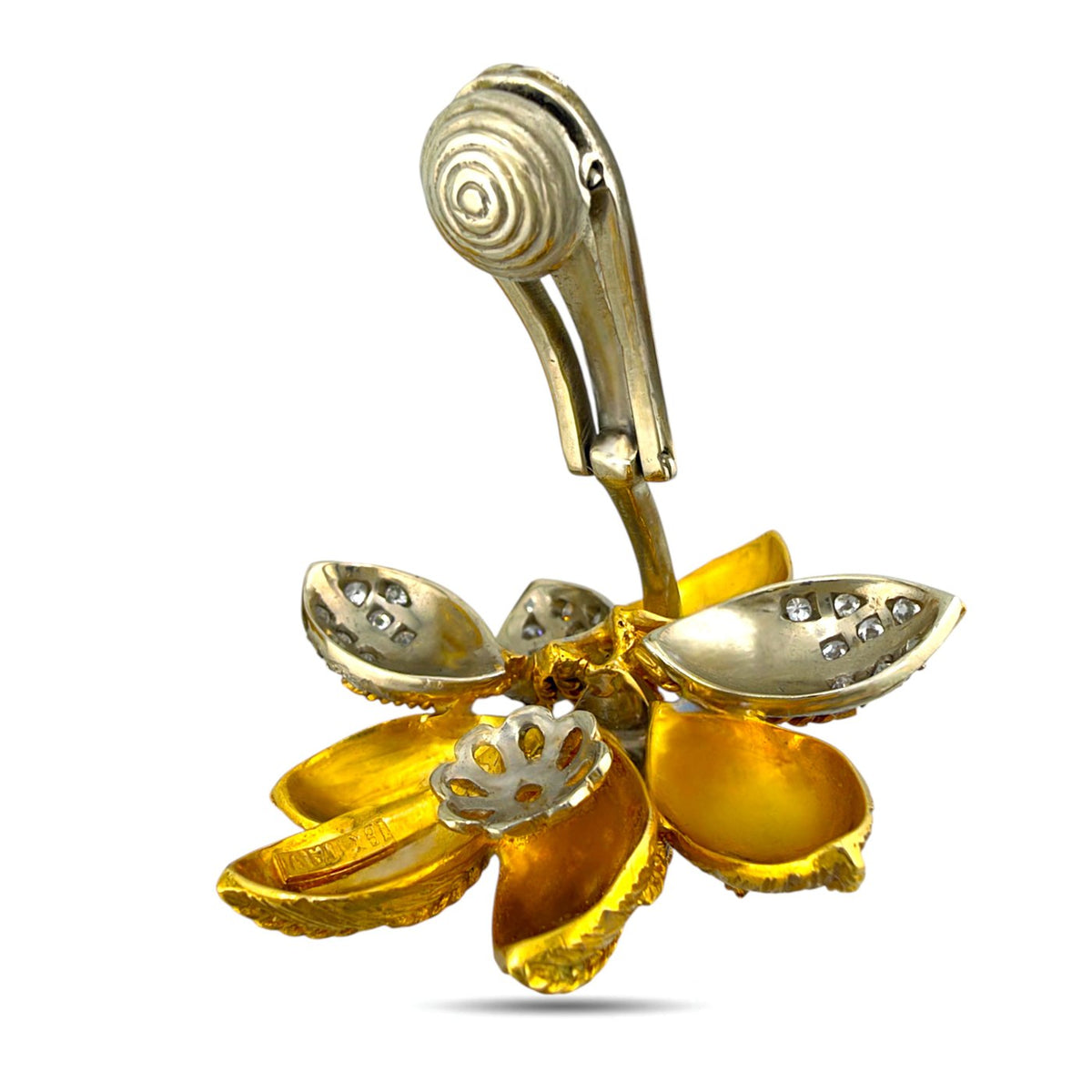 Back of a flower earring showing its clip-on fastening
