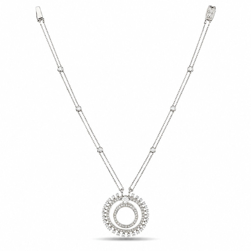 Teardrop diamond halo pendant on four-row chain, 18K white gold