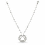 Teardrop diamond halo pendant on four-row chain, 18K white gold