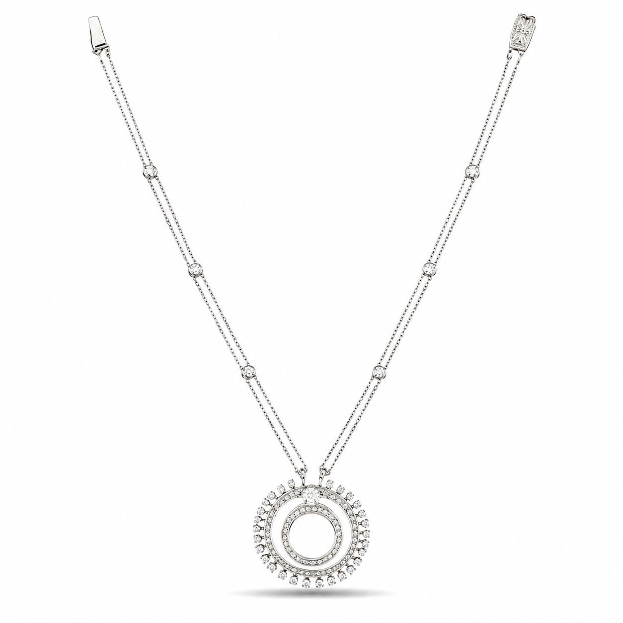 Teardrop diamond halo pendant on four-row chain, 18K white gold
