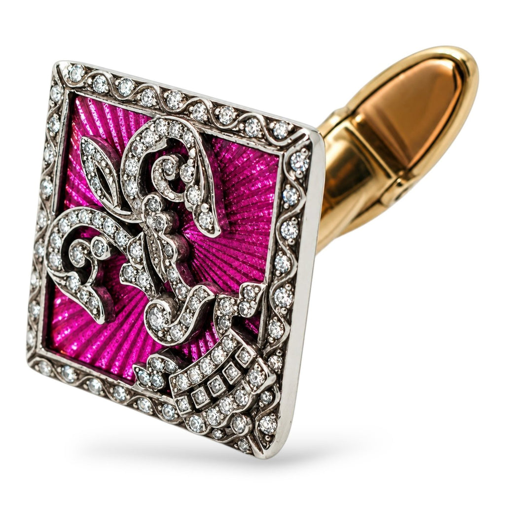 K.Faberge Imperial Russian 56 Yellow Gold Diamond & Pink Enamel Imperial Crown Cufflinks