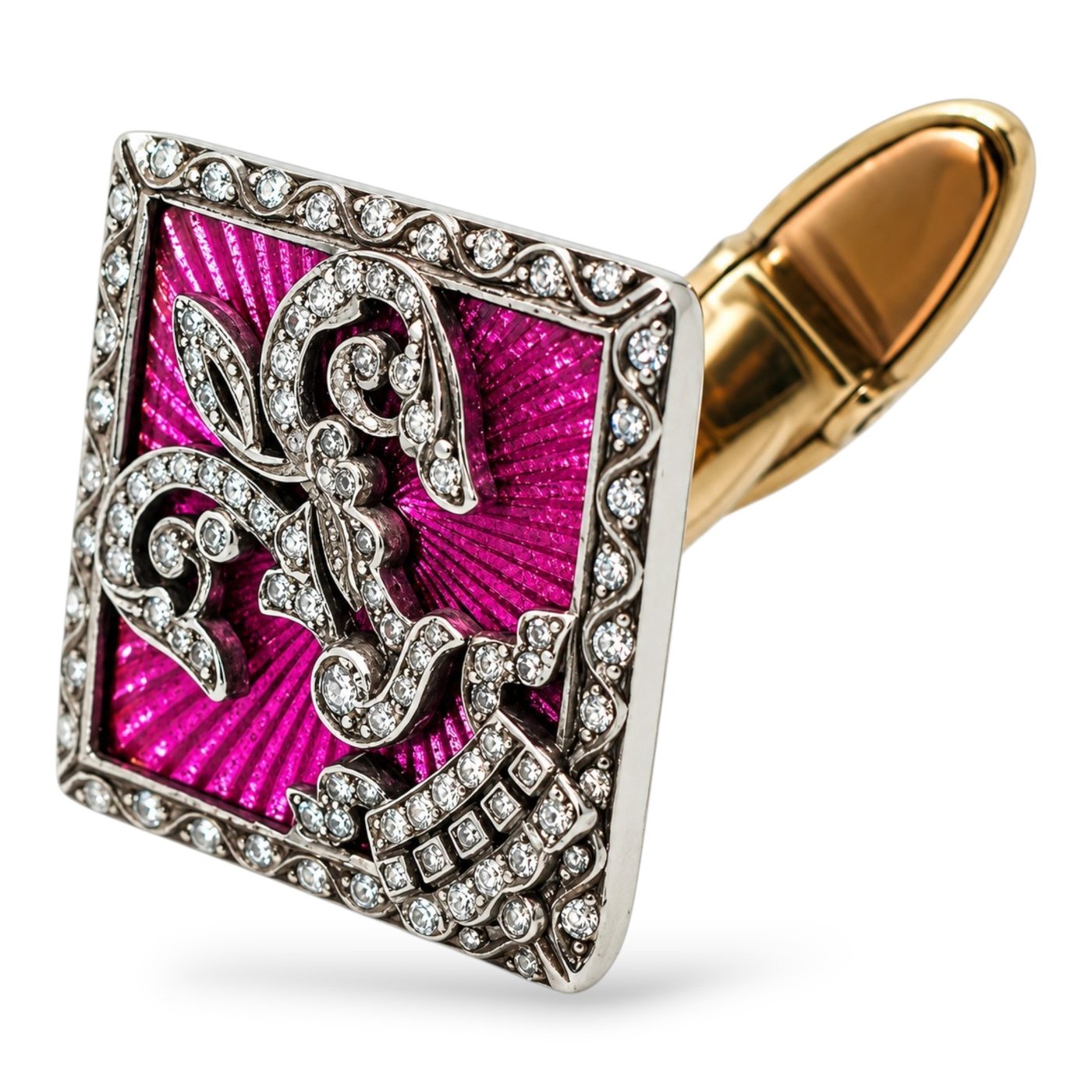 K.Faberge Imperial Russian 56 Yellow Gold Diamond & Pink Enamel Imperial Crown Cufflinks