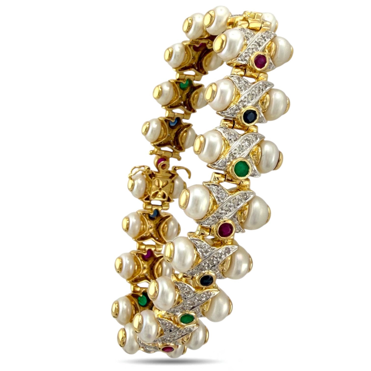 14 kt. Yellow gold, Exclusive 14K Yellow Gold Sapphire, Ruby, Emerald, Pearl and 1.03ct Diamond Bracelet Diamond (Natural)