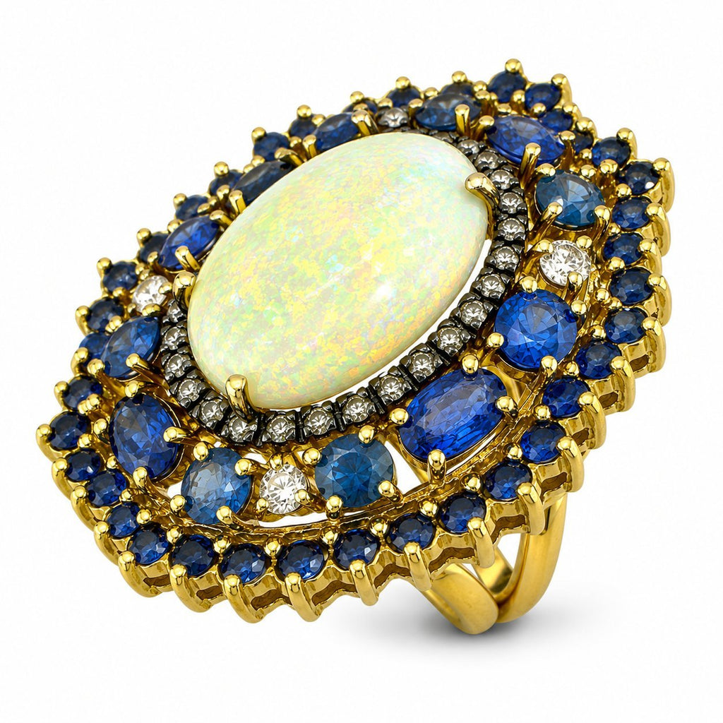 18K Yellow Gold 3.60ct Sapphire 0.91ct Diamond and 5.00ct Opal Cocktail Ring