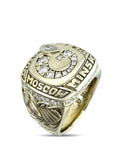 Gold-toned diamond hockey ring with oval center and engraved letter band