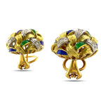14K Yellow Gold 0.30 Diamond, Blue and Green Enamel Earrings