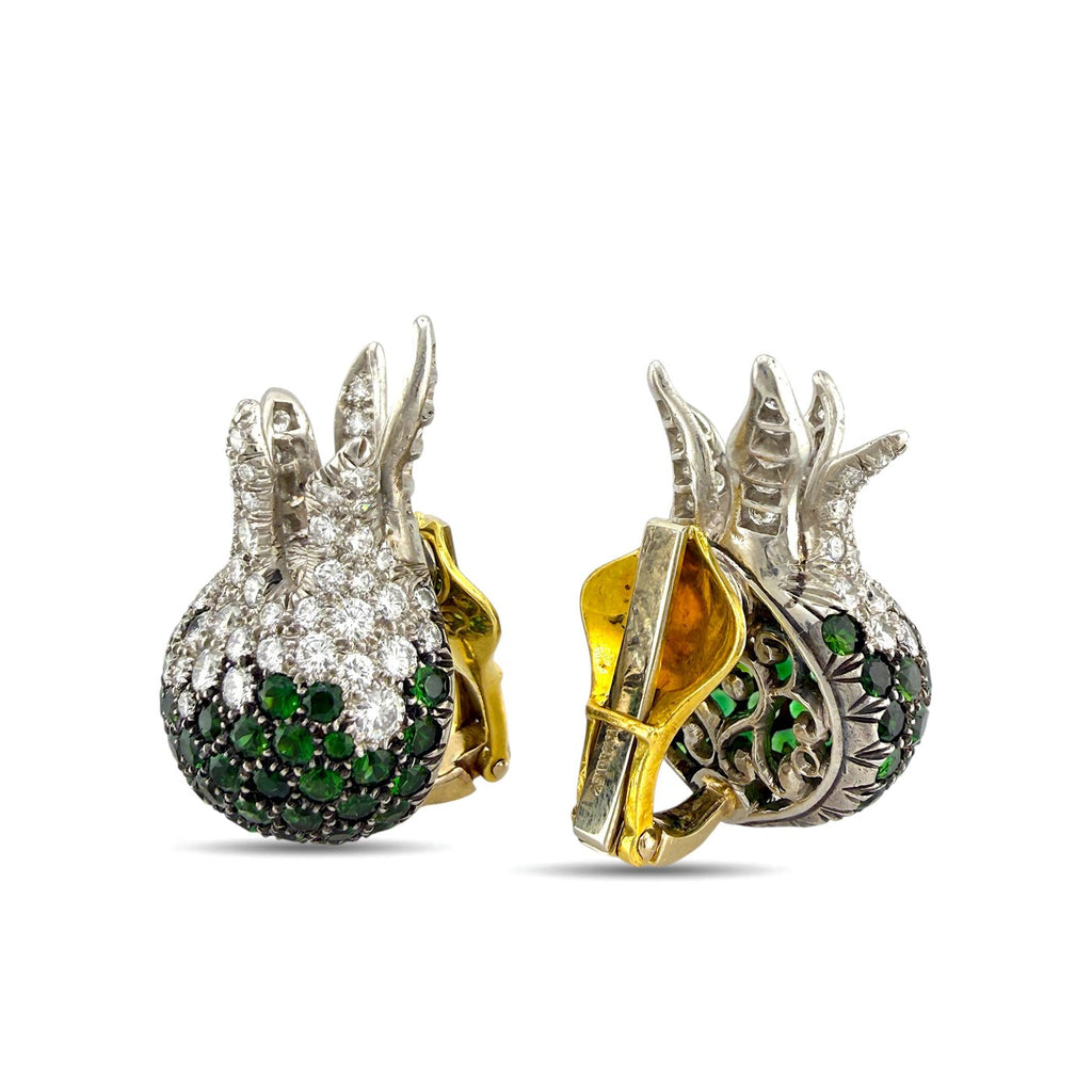 N. Varney 18K Yellow Gold Diamond and Emerald Pomegranate Clip On Earrings