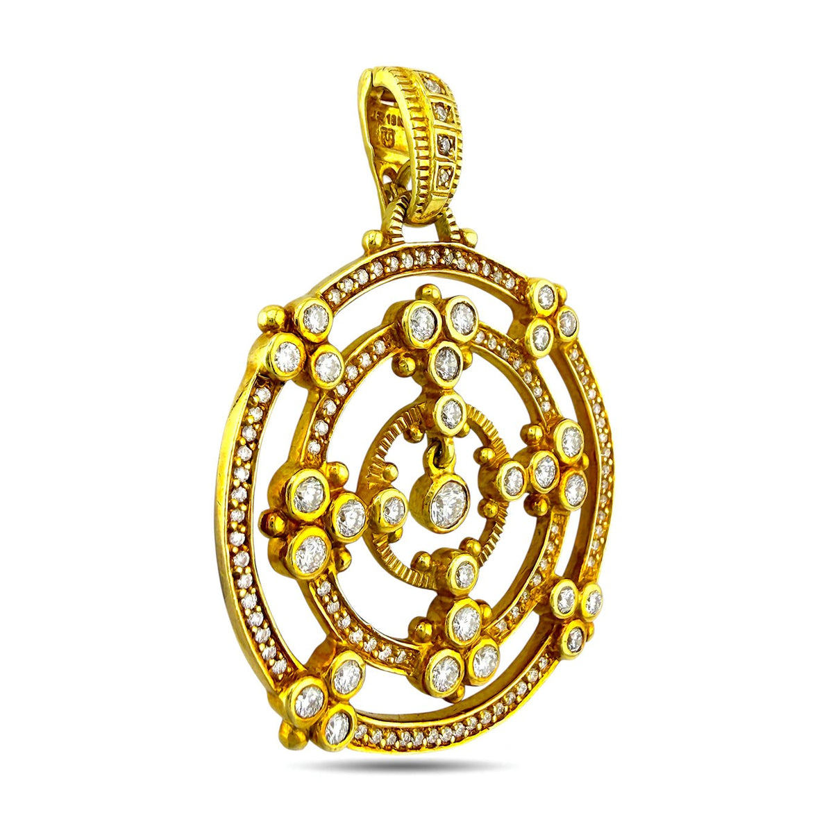 18K yellow gold circular brooch pendant view with round diamond bezel and bail