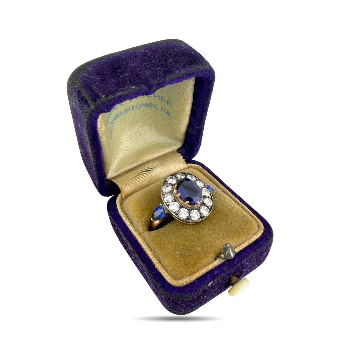 K. Faberge Imperial Russian 56K Rose Gold 1.00ct Diamond and 1.90ct Sapphire Ring