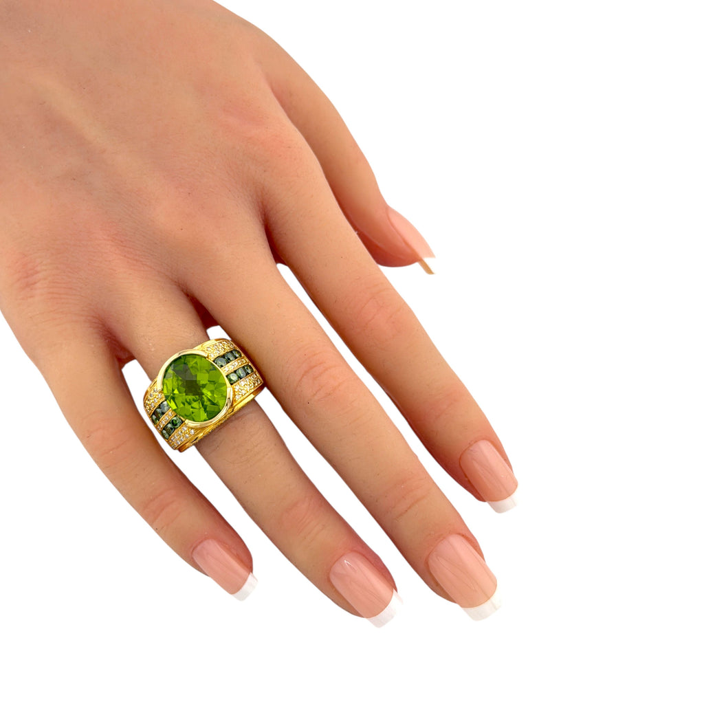 18K Yellow Gold 8ct Citrine, 0.86ct Diamond and Emerald Cocktail Ring