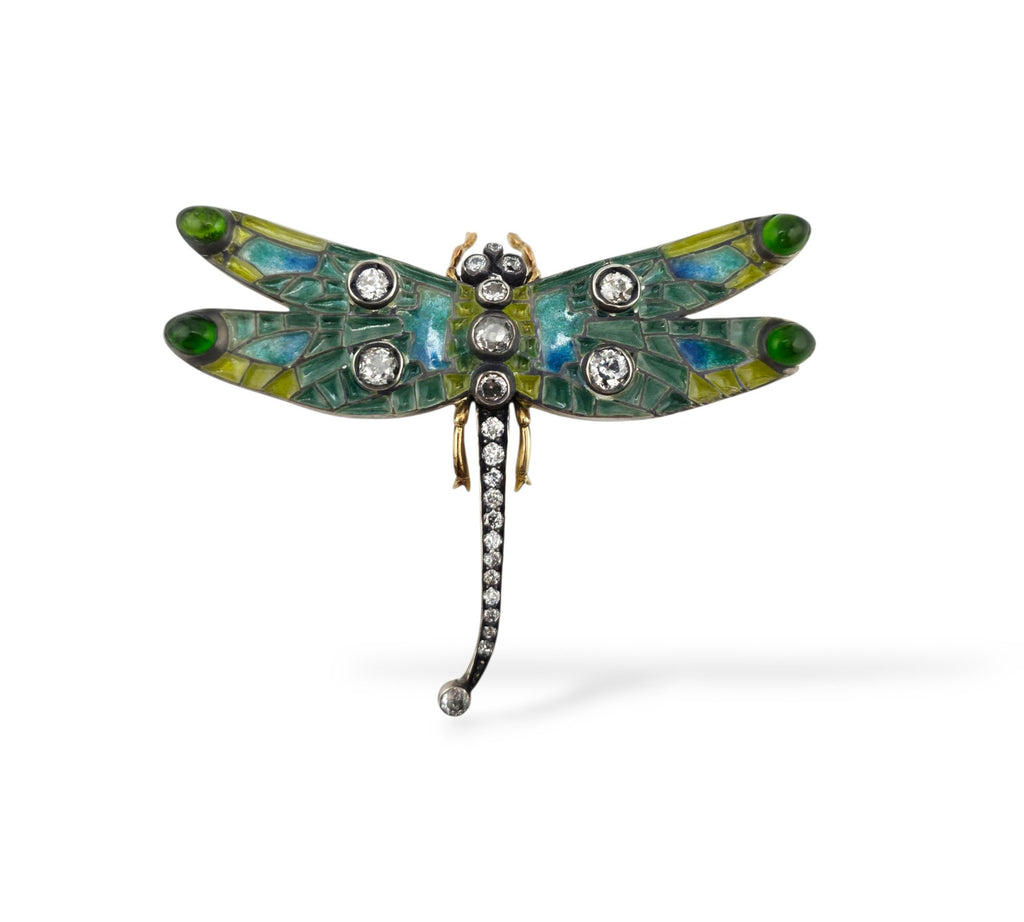 Imperial Russian Period 56K Gold Enamel and 1.5ct Diamond Dragonfly Brooch Circa 1900