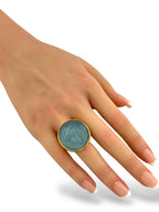 18K Gold Ring with Large Light Blue Horse Engraved Aquamarine