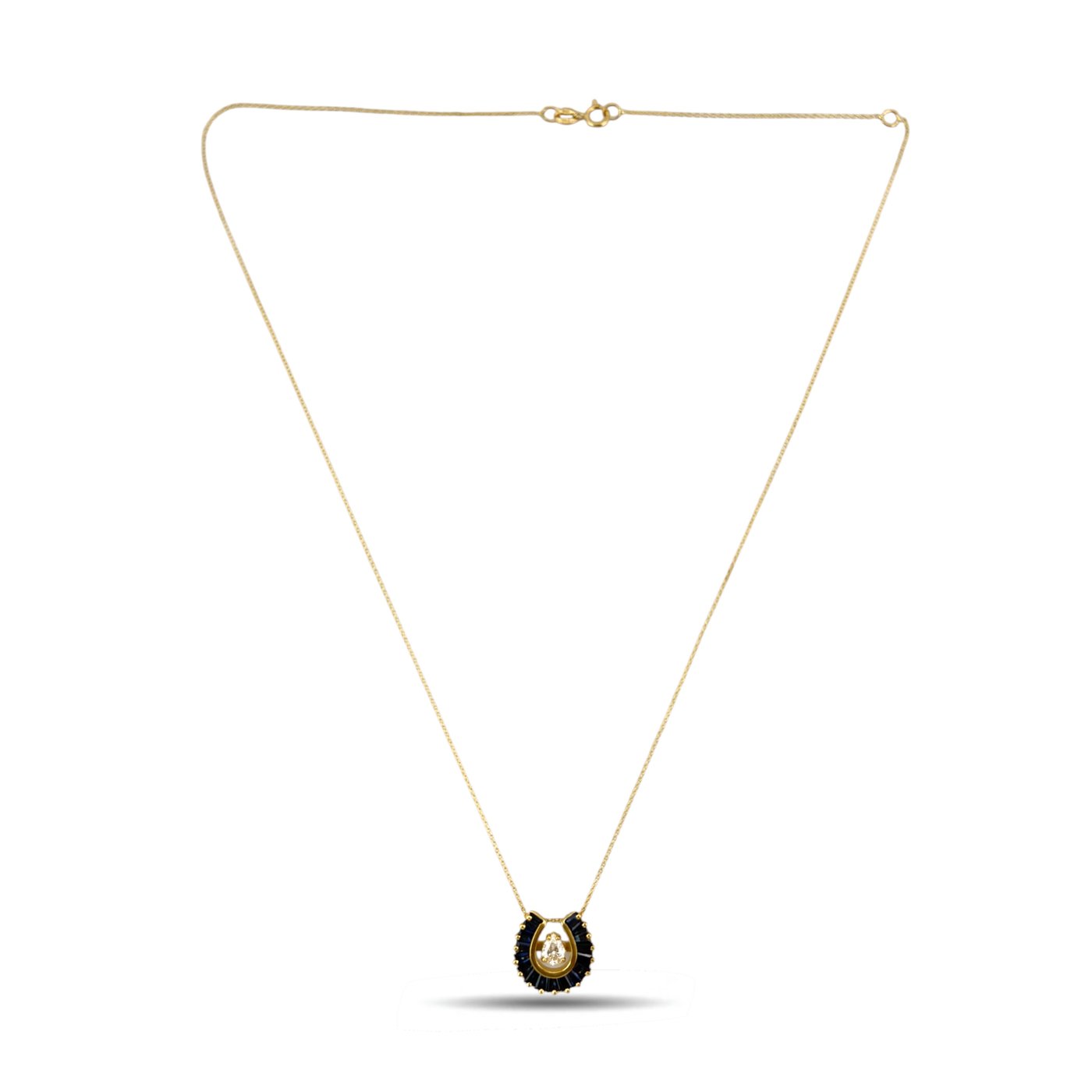 14K Yellow Gold Sapphire and 0.3ct Diamond Shoehorn Pendant Necklace