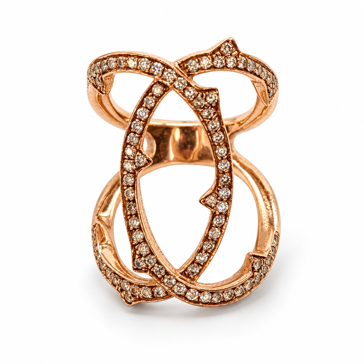 14K gold diamond women's ring with interlocking oval pavé bands