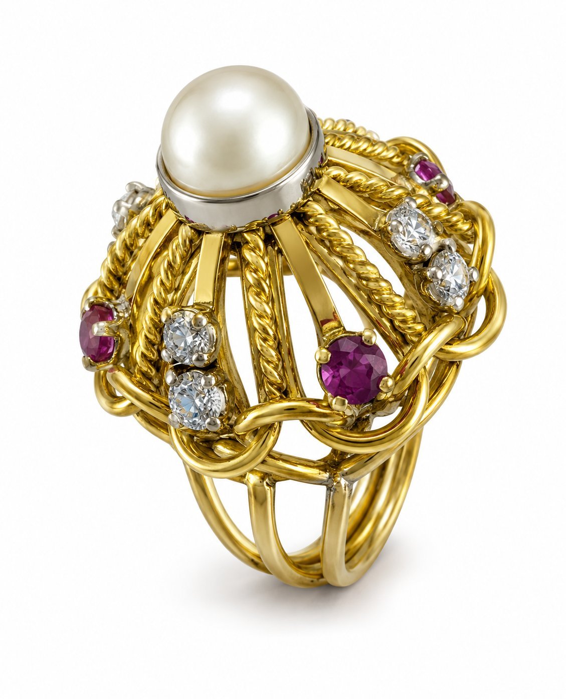14K Yellow Gold Pearl, Ruby and Diamond Statement Dome Ring