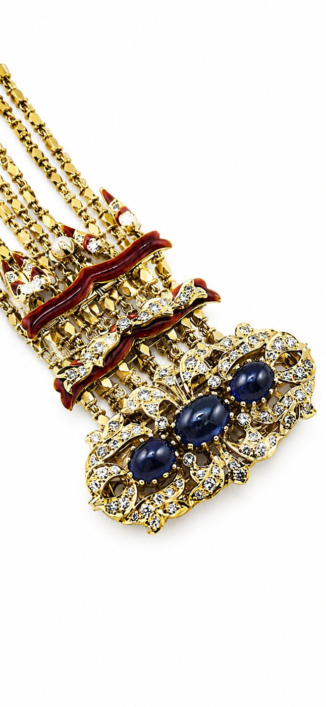 Antique 18K Yellow Gold Red Enamel 4.00ct Sapphire and 2.50ct Diamond Bracelet