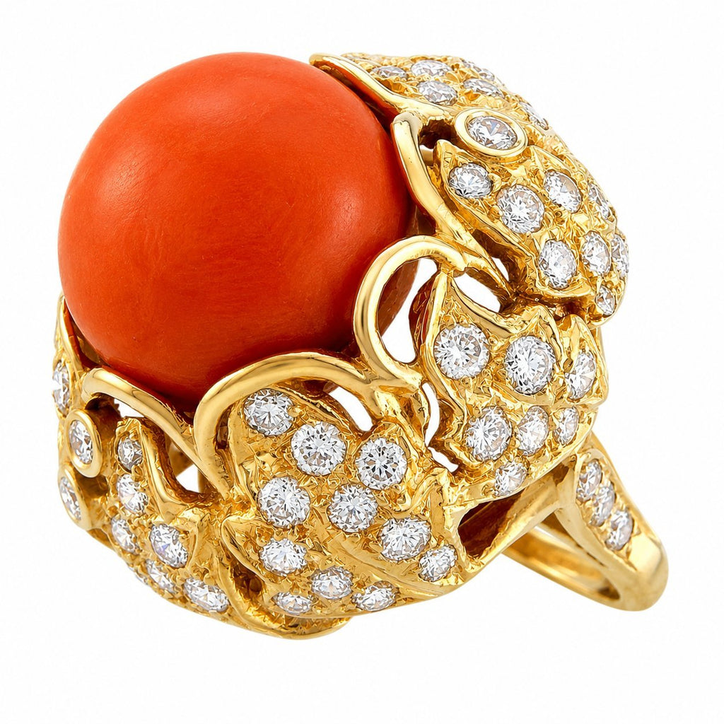 14K Yellow Gold Large Coral and 1.5ct Diamond Ring