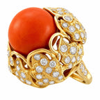 14K Yellow Gold Large Coral and 1.5ct Diamond Ring