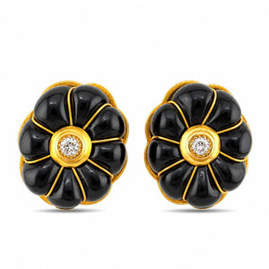 18K Yellow Gold Black Onyx and 0.20ct Diamond Sculpted Clip-On Earrings