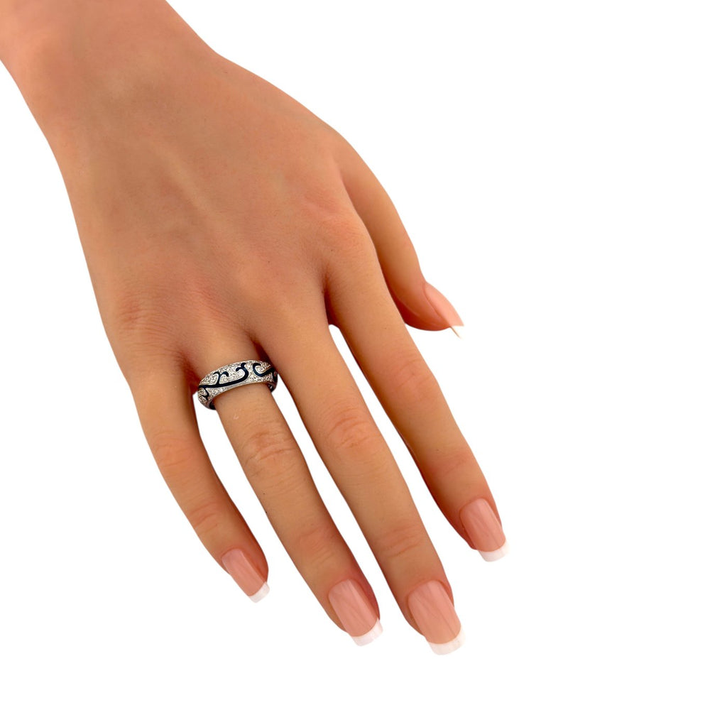 Hidalgo 18K White Gold 0.4ct Diamond and Blue Enamel Band Ring