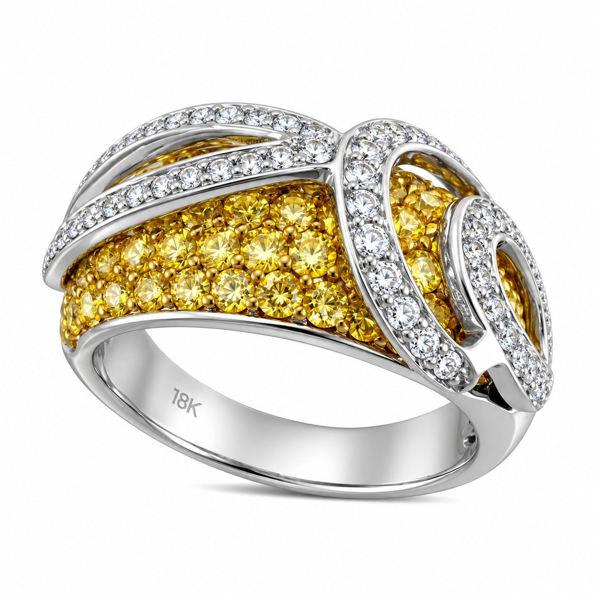 Yellow citrine band flanked by white-gold diamond rows, ornate split shank ring