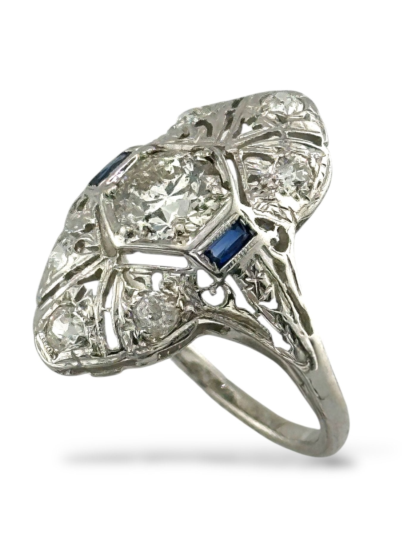 Art Deco 18K White Gold Ring with 0.90 Carat Diamond and Sapphires