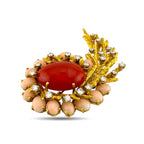 18K Yellow Gold Coral and 6.45ct Diamond Brooch and Earring Set