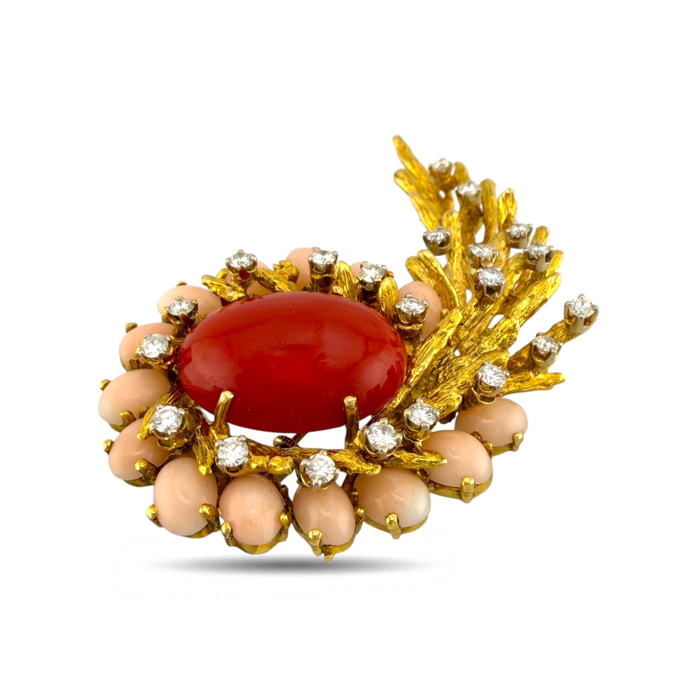 18K Yellow Gold Coral and 6.45ct Diamond Brooch and Earring Set