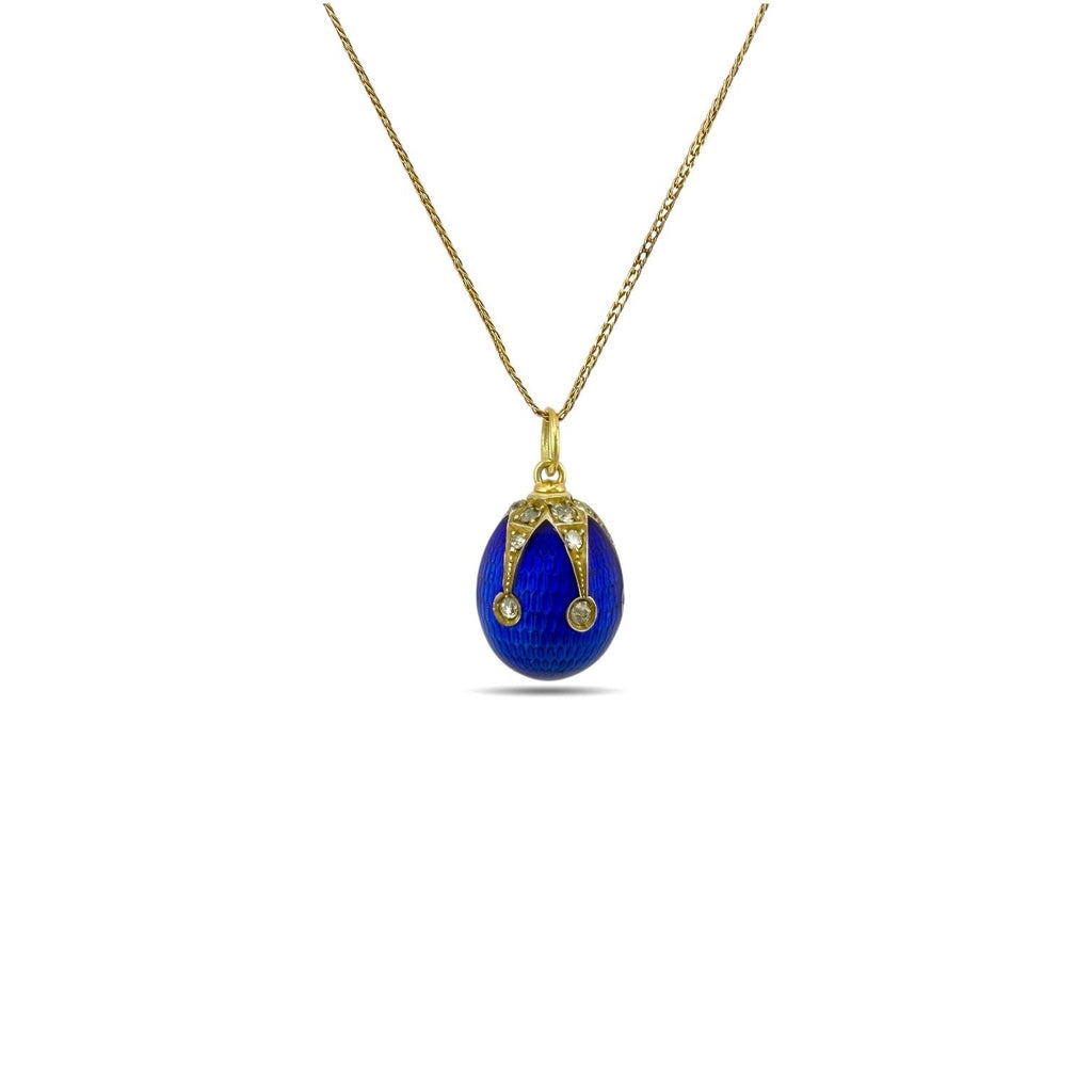 Imperial Russian 14K Yellow Gold and Blue Enamel 0.9ct Diamond Egg Pendant