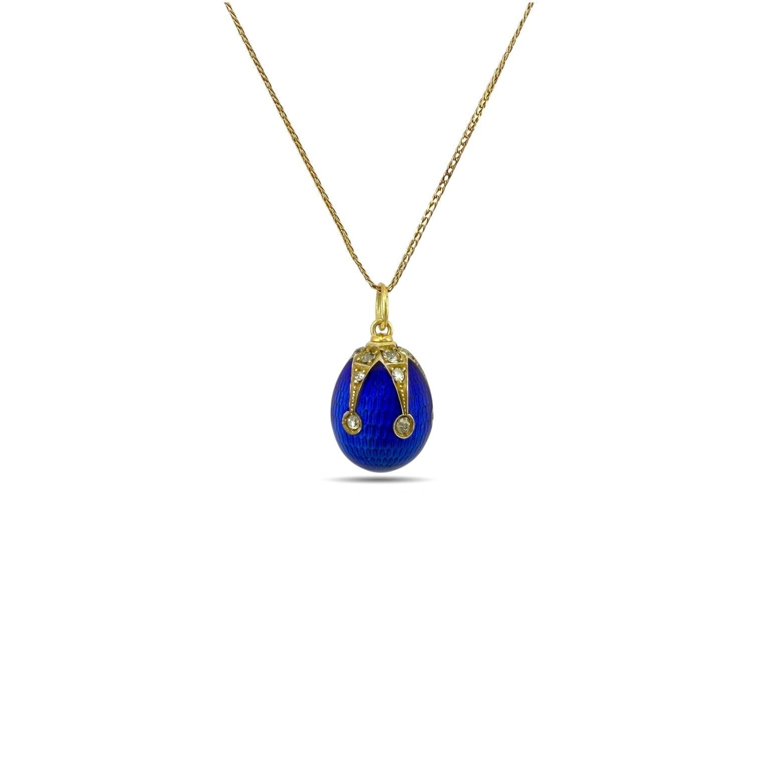 Imperial Russian 14K Yellow Gold and Blue Enamel 0.9ct Diamond Egg Pendant