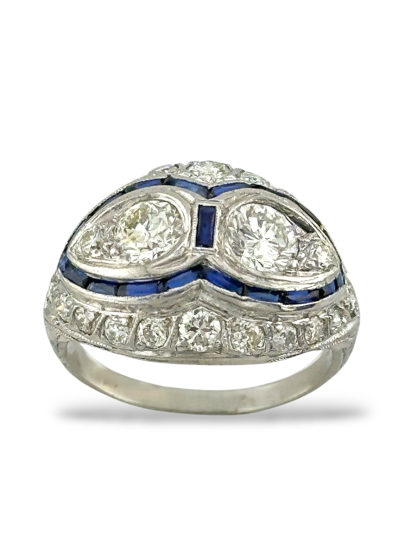 Platinum Art Deco Ring with 1.60 Carats of Diamonds and French-Cut Sapphires