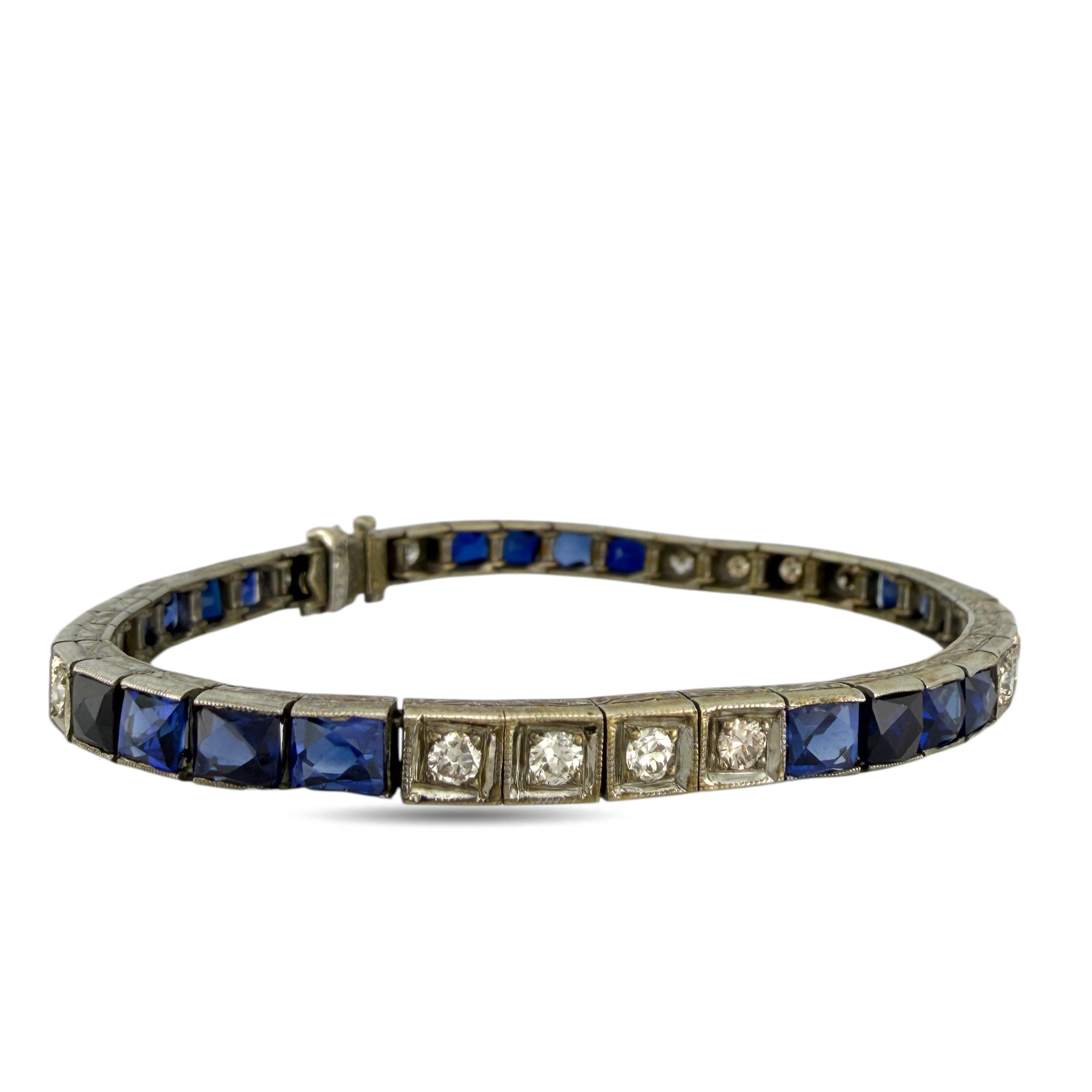 Bracelet Exclusive French Art Deco Platinum 2.08 Diamond and Sapphire Bracelet, Platinum -  2.08ct. tw. Diamond (Natural)