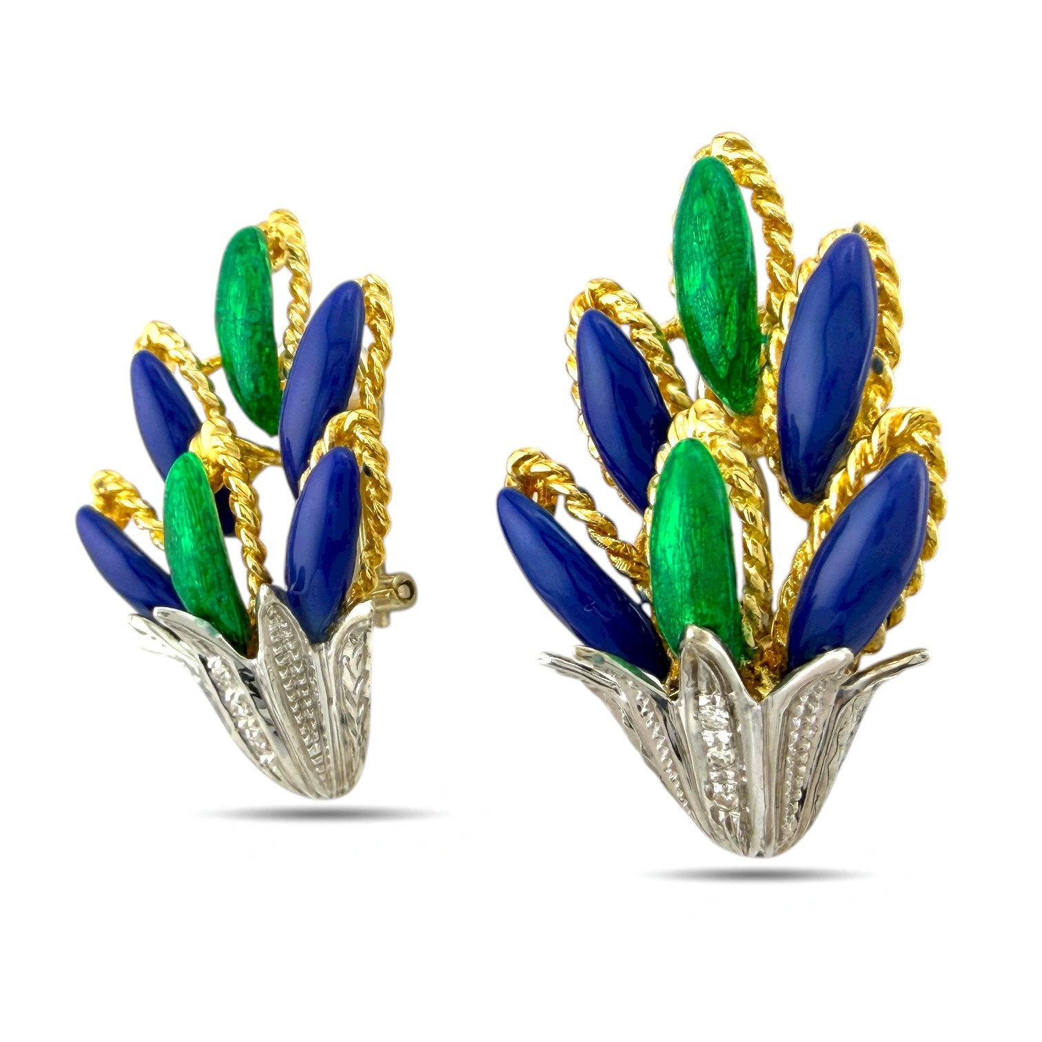 18K Yellow and White Gold Blue and Green Enamel Diamond Earrings