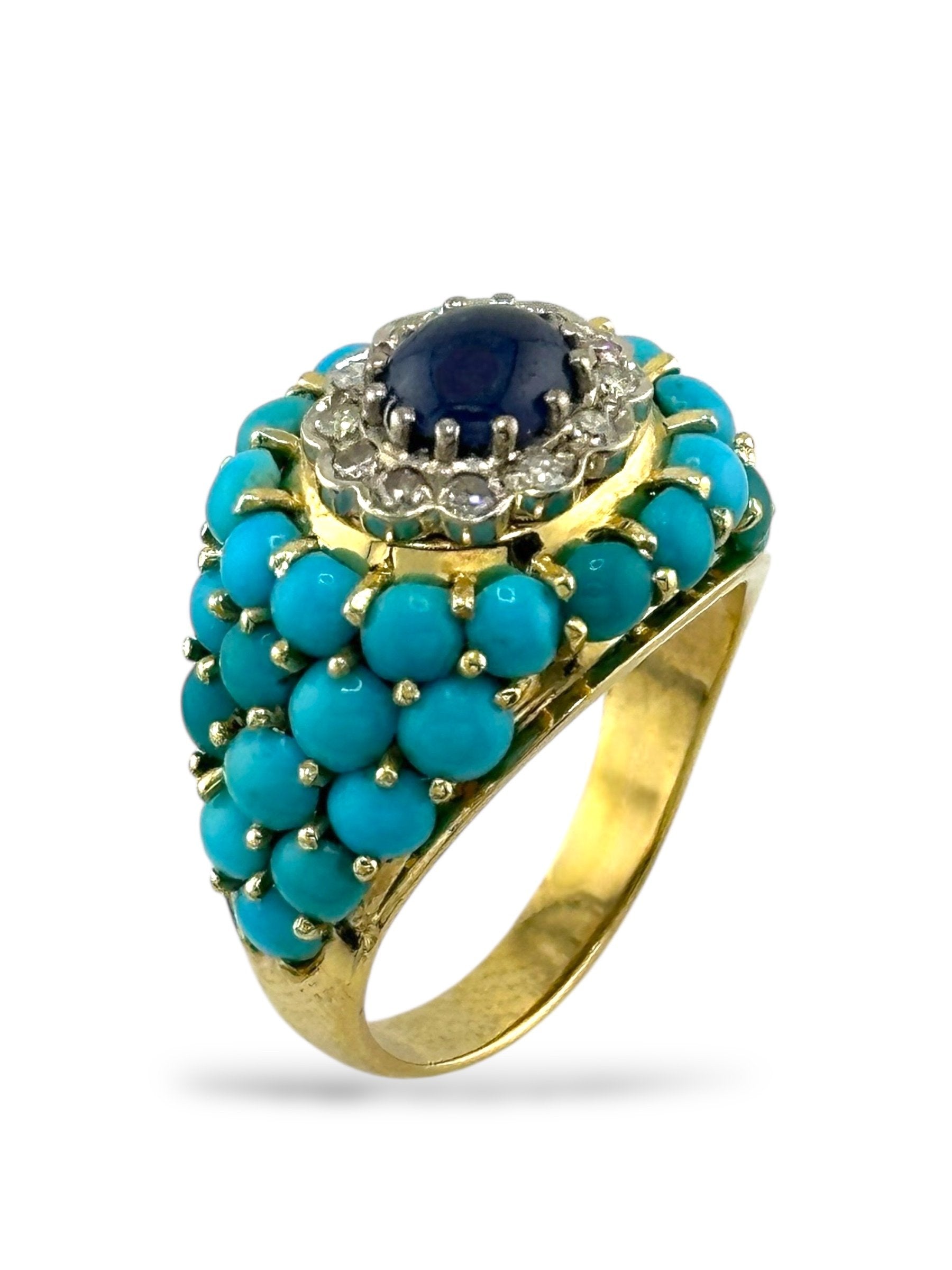 18K Gold Turquoise, Diamond and Sapphire Ring