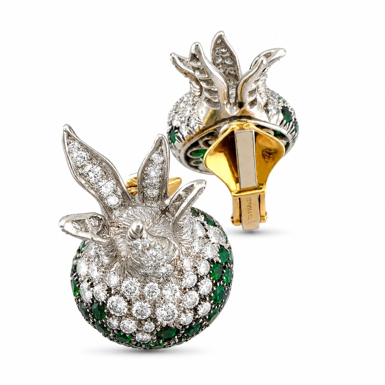 N. Varney 18K Yellow Gold Diamond and Emerald Pomegranate Clip On Earrings