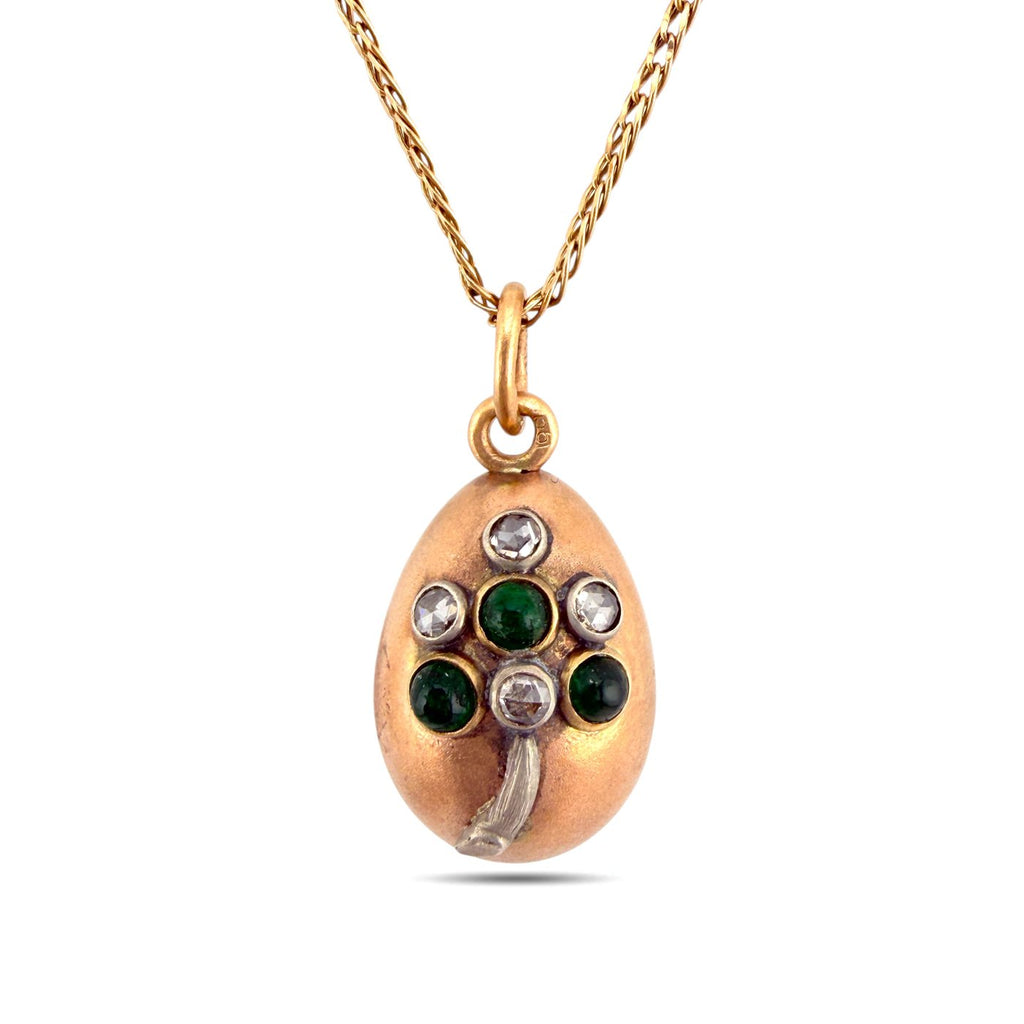 Imperial Russian Faberge 56 Rose Gold 0.16ct Diamond and Emerald Egg Pendant